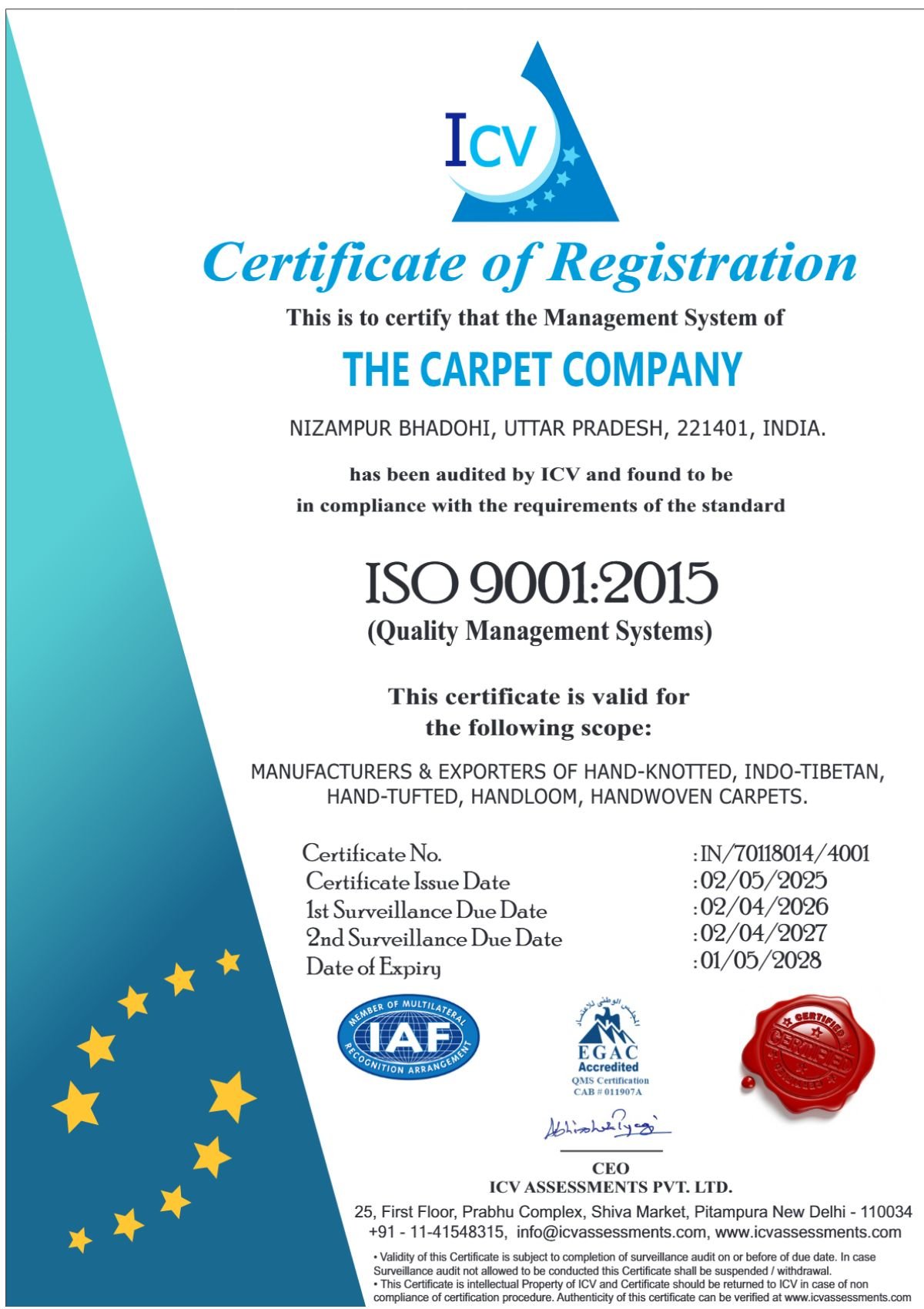 Official ISO 9001:2015 Registration Certificate - The Carpet Company Bhadohi